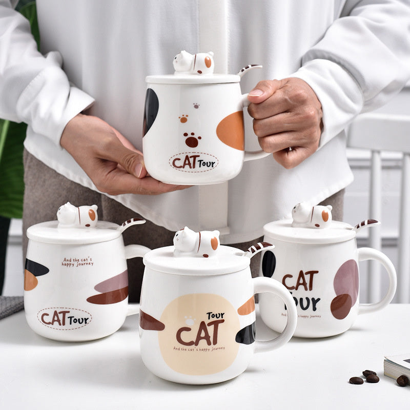 Cute Cat Mug Cartoon with Lid and Spoon, Ceramic Mug.