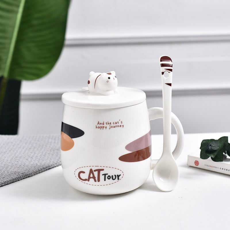 Cute Cat Mug Cartoon with Lid and Spoon, Ceramic Mug.