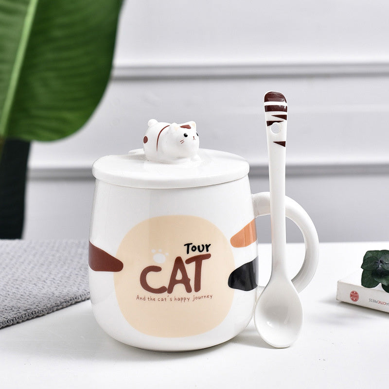 Cute Cat Mug Cartoon with Lid and Spoon, Ceramic Mug.