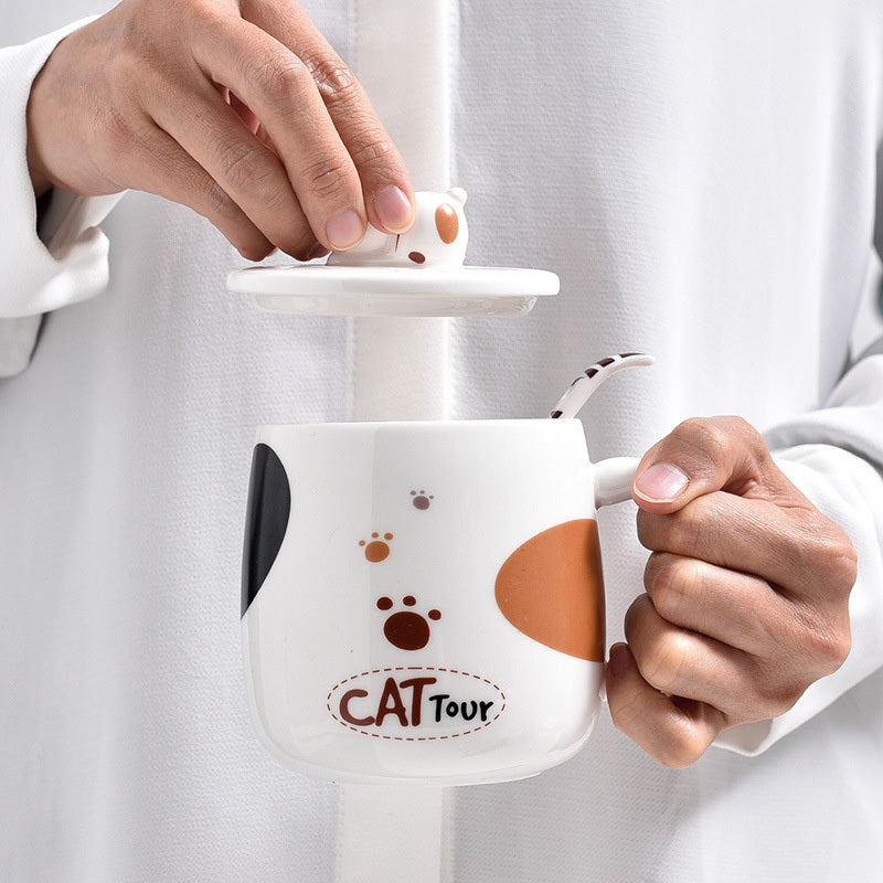 Cute Cat Mug Cartoon with Lid and Spoon, Ceramic Mug.
