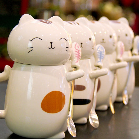 Large Kitty Cat Ceramic Mug with Spoon.