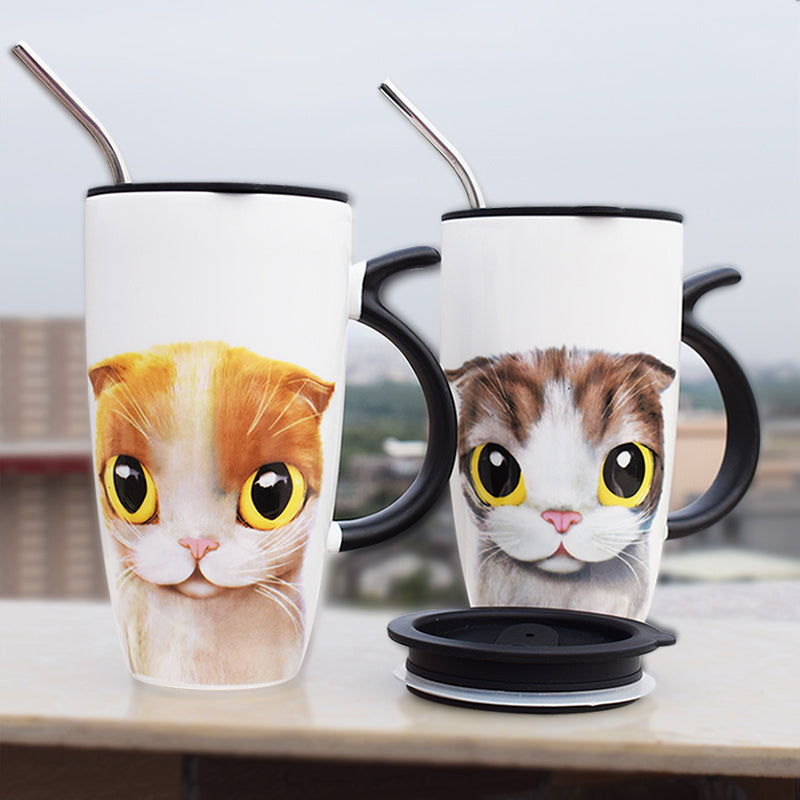Ceramic Cat Mug with Lid and Straw.