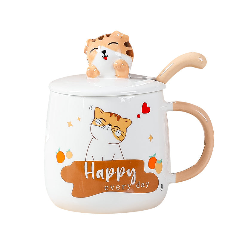Cartoon Cat Mug with Lid and Spoon Cute Ceramic.