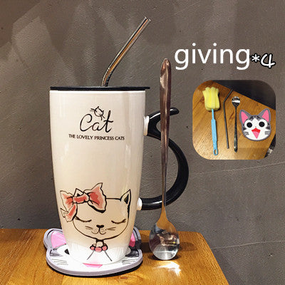 Ceramic Mug Cat with Lid, spoon and Straw.
