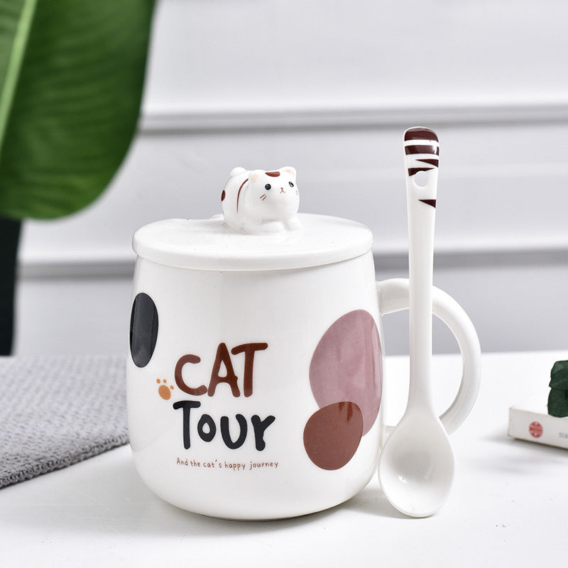 Cute Cat Mug Cartoon with Lid and Spoon, Ceramic Mug.