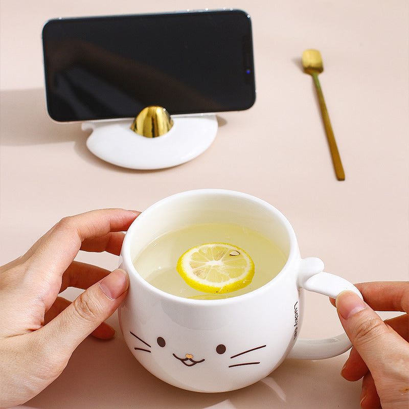 Cat Ceramic Phone Holder Mug with Cover and Spoon.