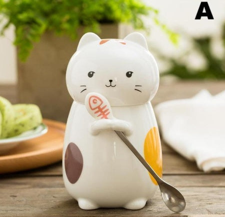 Large Kitty Cat Ceramic Mug with Spoon.
