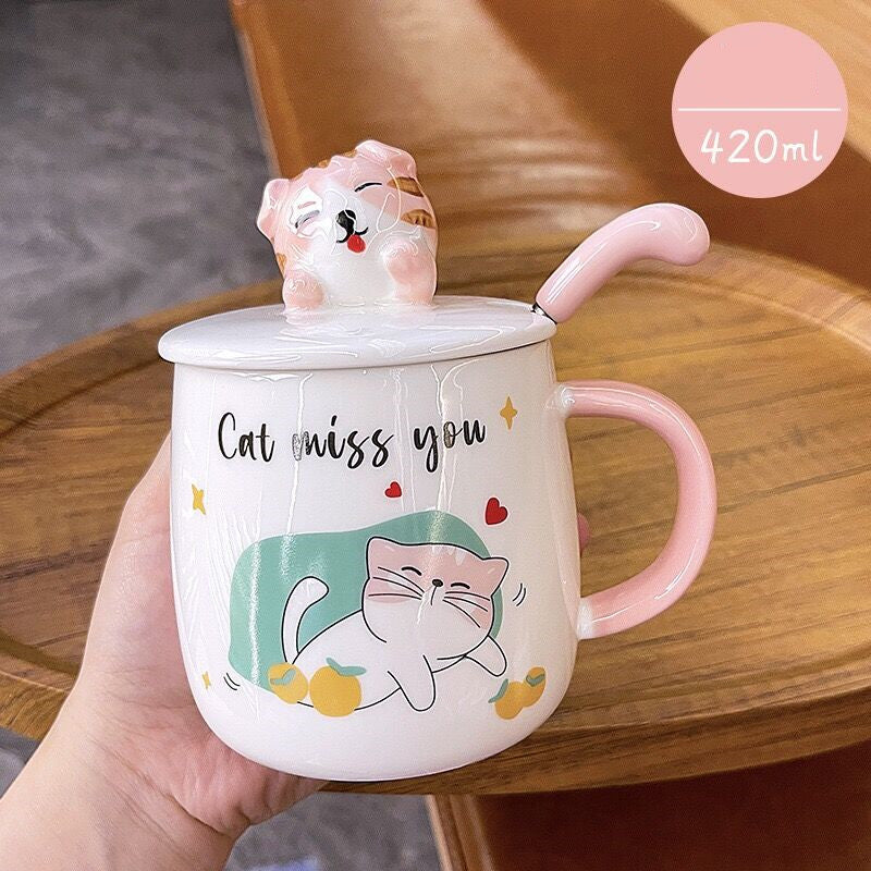 Cartoon Cat Mug with Lid and Spoon Cute Ceramic.