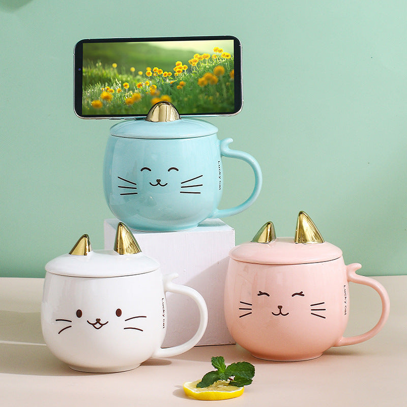 Cat Ceramic Phone Holder Mug with Cover and Spoon.