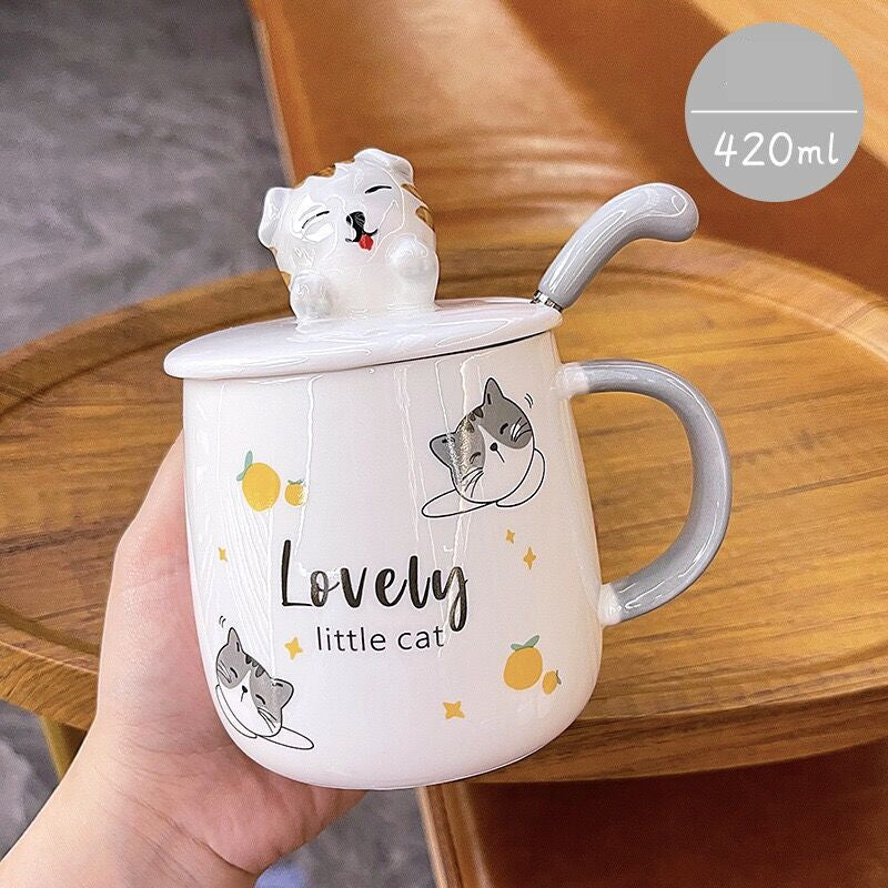 Cartoon Cat Mug with Lid and Spoon Cute Ceramic.