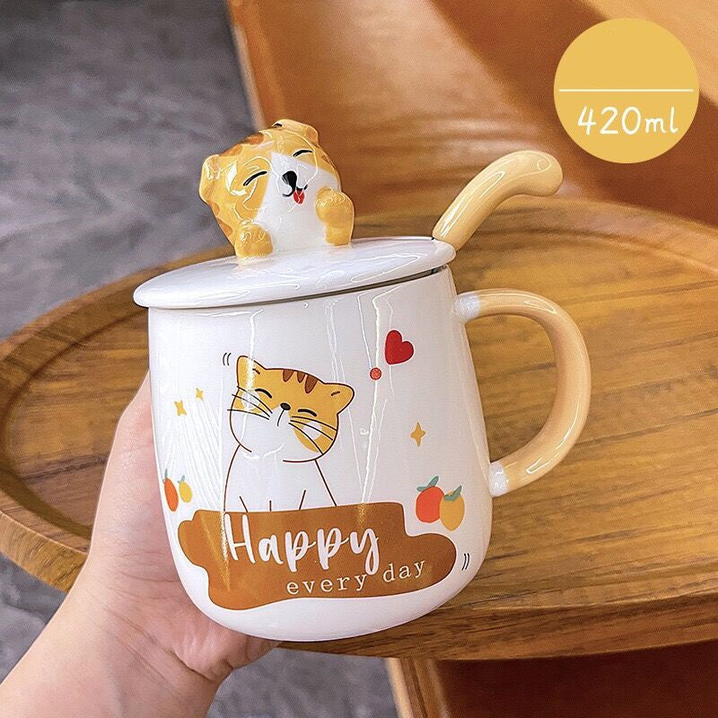 Cartoon Cat Mug with Lid and Spoon Cute Ceramic.