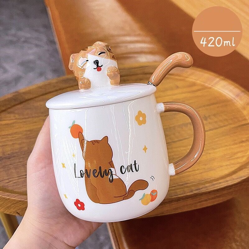 Cartoon Cat Mug with Lid and Spoon Cute Ceramic.