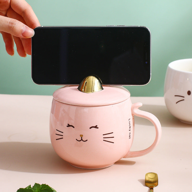 Cat Ceramic Phone Holder Mug with Cover and Spoon.
