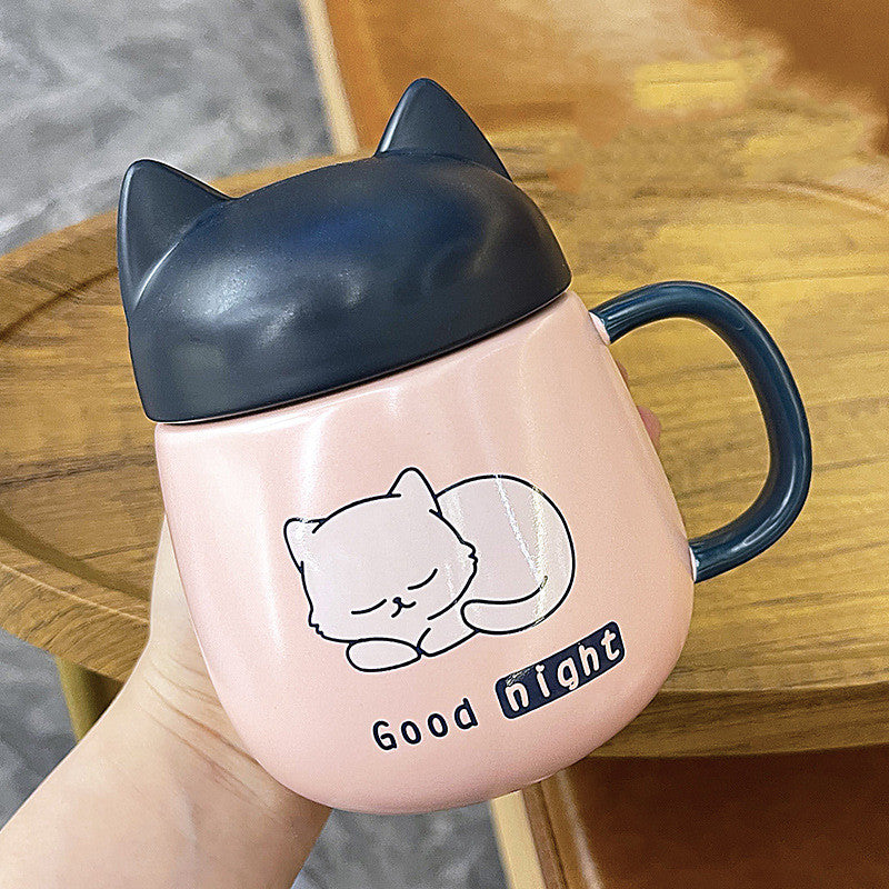 Household Cute Cat Ceramic Mug with Lid.