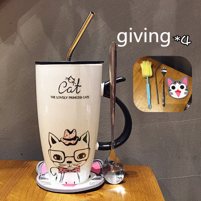 Ceramic Mug Cat with Lid, spoon and Straw.