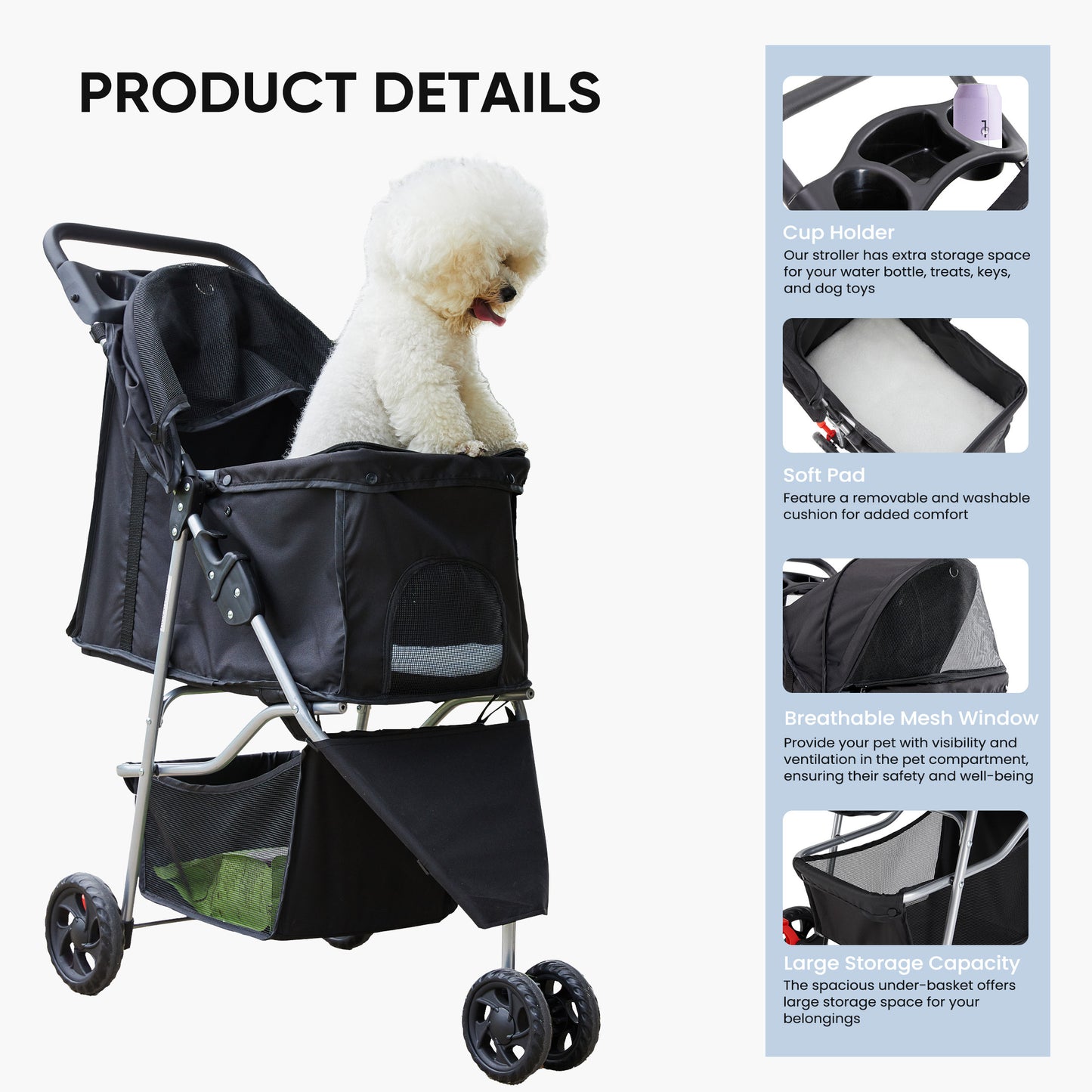 Black Pet Stroller for Cat and Dog
