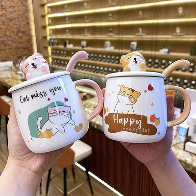 Cartoon Cat Mug with Lid and Spoon Cute Ceramic.