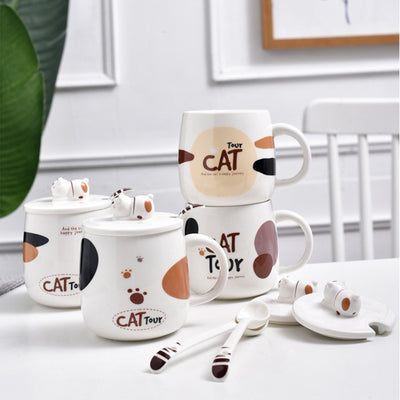 Cute Cat Mug Cartoon with Lid and Spoon, Ceramic Mug.