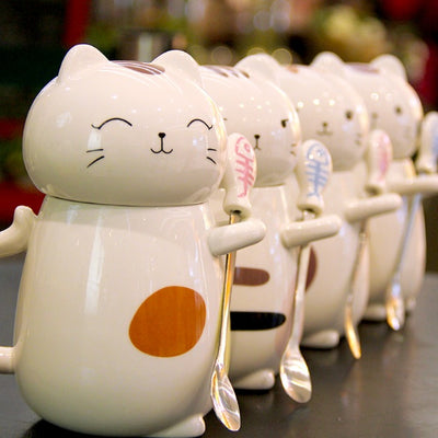 Large Kitty Cat Ceramic Mug with Spoon.
