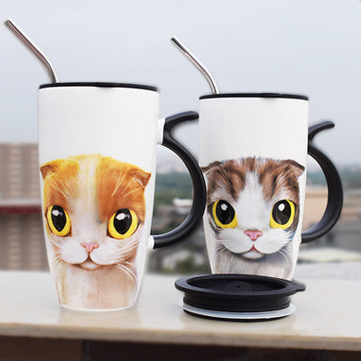 Ceramic Cat Mug with Lid and Straw.