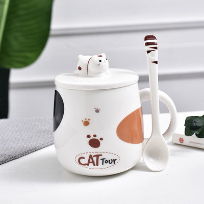 Cute Cat Mug Cartoon with Lid and Spoon, Ceramic Mug.