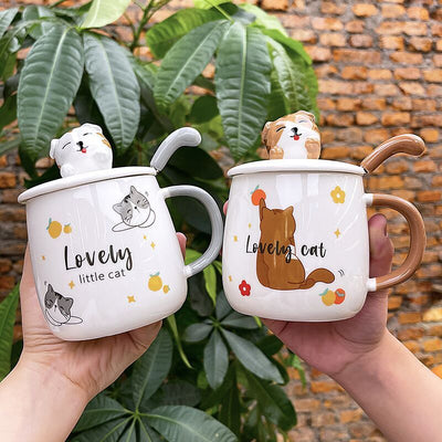 Cartoon Cat Mug with Lid and Spoon Cute Ceramic.