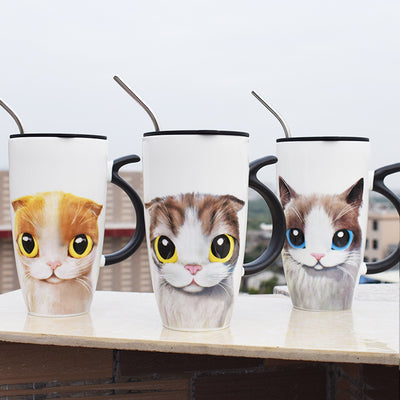 Ceramic Cat Mug with Lid and Straw.