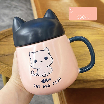 Household Cute Cat Ceramic Mug with Lid.