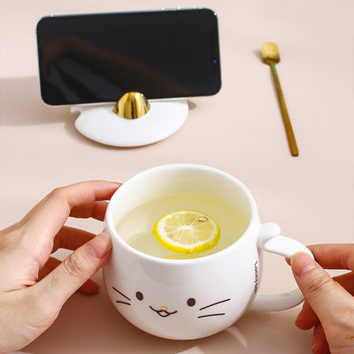 Cat Ceramic Phone Holder Mug with Cover and Spoon.