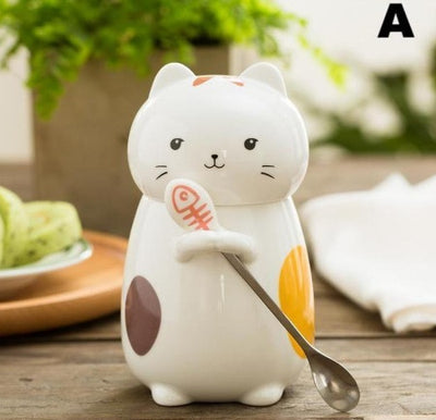 Large Kitty Cat Ceramic Mug with Spoon.