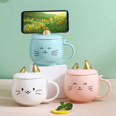 Cat Ceramic Phone Holder Mug with Cover and Spoon.