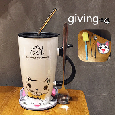 Ceramic Mug Cat with Lid, spoon and Straw.